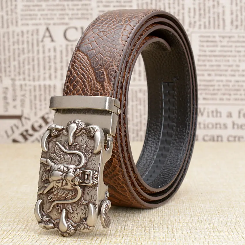 brown sliver buckle Брендовый дизайнерский ремень с драконом из натуральной кожи мужской ремень из натуральной кожи роскошная мужская Пряжка из сплава для ремней цена - Цвет: brown sliver buckle