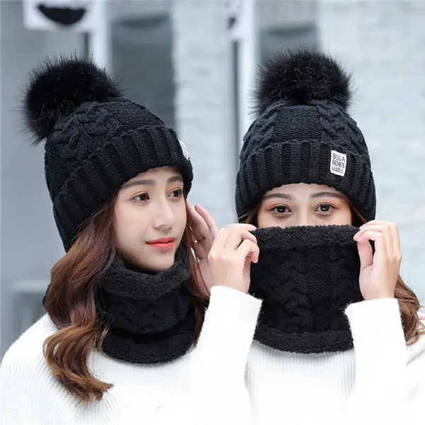 Black 1 set Женская зимняя шапка, лыжный бренд, большие Меховые помпоны, вязаные шапки, шарф, шапка, набор, зимняя женская шапка, теплая шапка Skullies, женская шапка - Цвет: Black 1 set