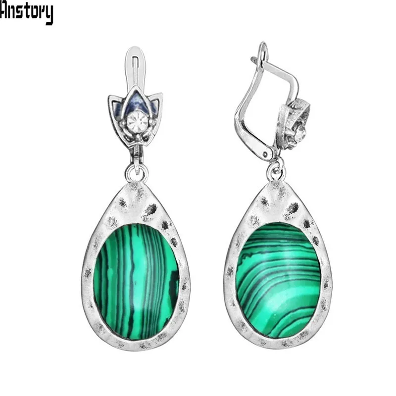 Simulated Malachite Винтажные овальные розовые кварцевые нефритовые серьги для женщин, античные посеребренные серьги в форме капли воды, модное ювелирное изделие TE531 - Окраска металла: Simulated Malachite