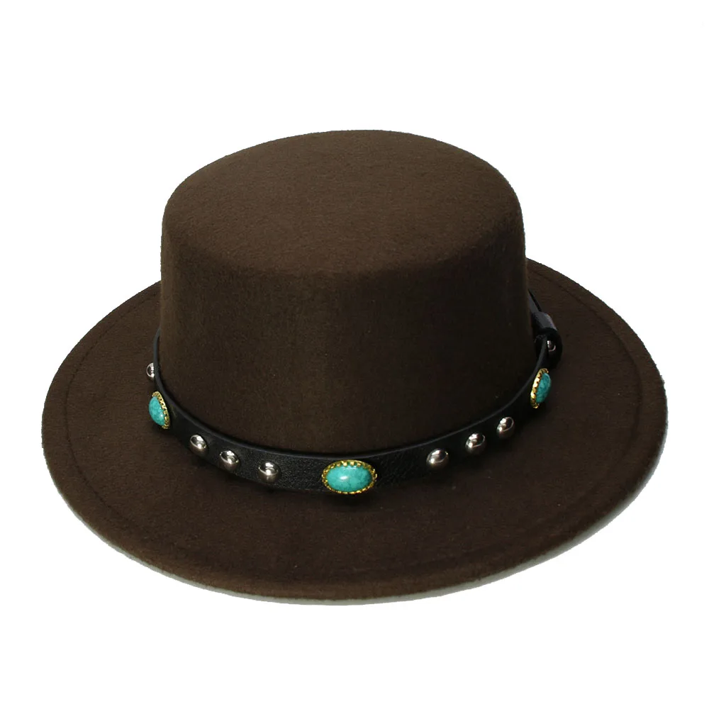 

LUCKYLIANJI Retro Kid Vintage 100% Wool Wide Brim Cap Pork Pie Porkpie Bowler Hat Turquoise Leather Band(54cm/Adjusted)