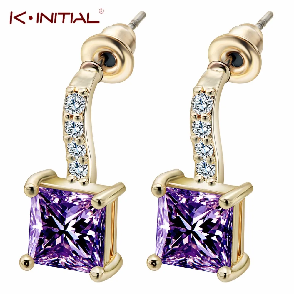 Kinitial Purple Square Cut Flawless Cubic Zirconia Post Claw Stud Earrings Brincos Grandes Para Mulher