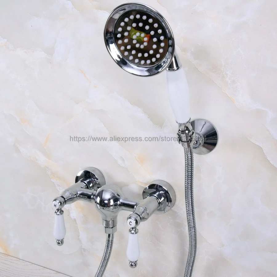 Wall Mounted Bathroom Faucet Chrome Bath Tub Mixer Tap With Double Ceramic Handle Hand Shower Head Sets Nna281 | Обустройство дома