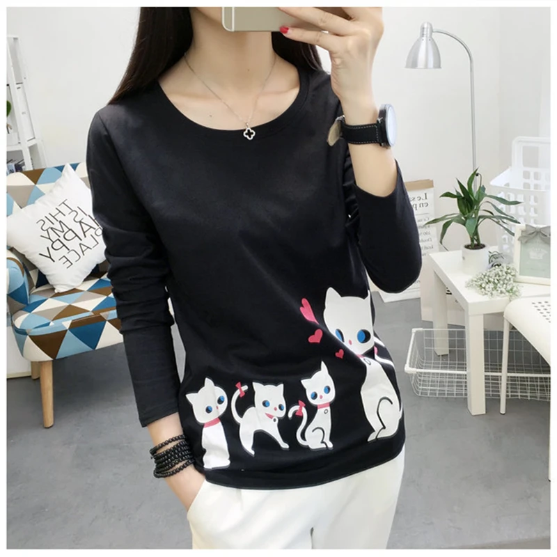 2017 новая осенняя женская футболка корейская мода Милая с длинным рукавом принтом