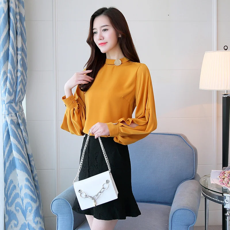 2018 New Fashion stand collar long Sleeves Chiffon Women Blouse shirt lantern sleeve Casual women's clothing tops blusas red |