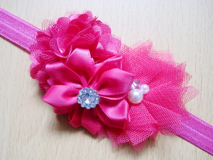 hot pink Детская повязка на голову из ткани с цветами для новорожденных, жемчужные стразы, эластичные повязки на голову, Детские аксессуары для волос для девочек - Цвет: hot pink