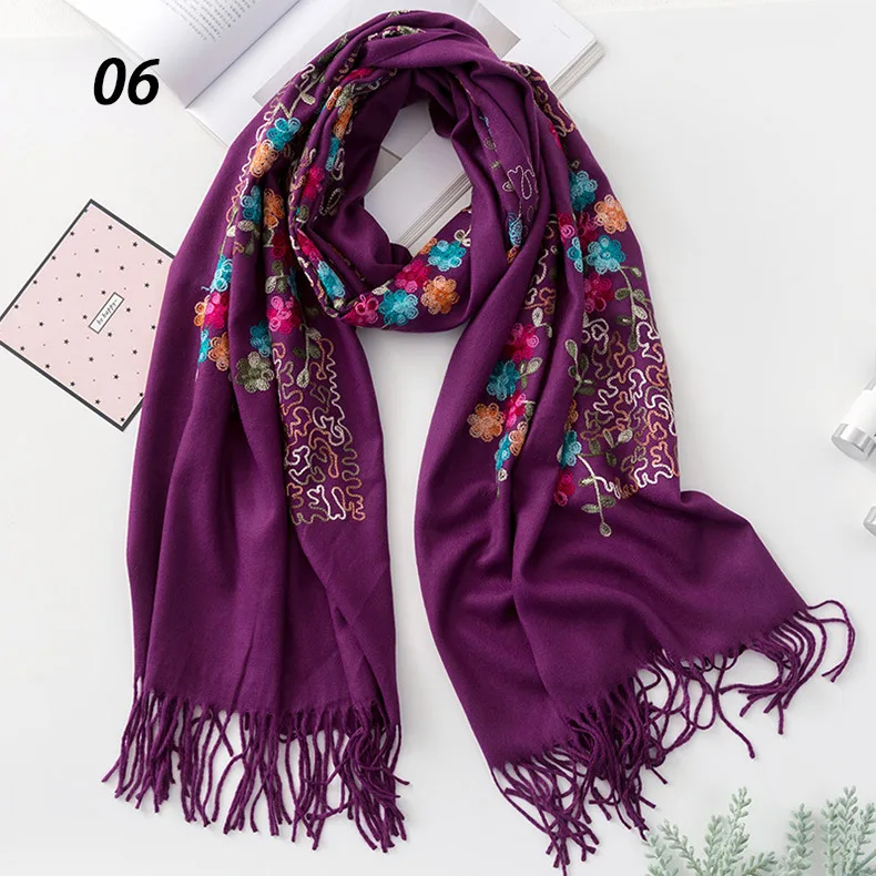 06 Purple Scarf Новинка, Sparsil, стильный Для женщин зимние кашемировые шарфы теплый с кисточкой, с цветами и вышивкой шаль для отдыха пашмины 70x200 длинный шарф хиджаб - Цвет: 06 Purple Scarf
