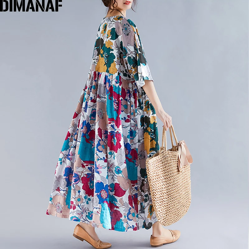 DIMANAF размера плюс, женское пляжное платье, летний сарафан, льняное женское платье, элегантное женское Свободное платье с цветочным принтом, большой размер 5XL 6XL