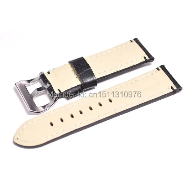 Матовый черный ремешок для часов с крокодиловой текстурой 24 мм черные стежки