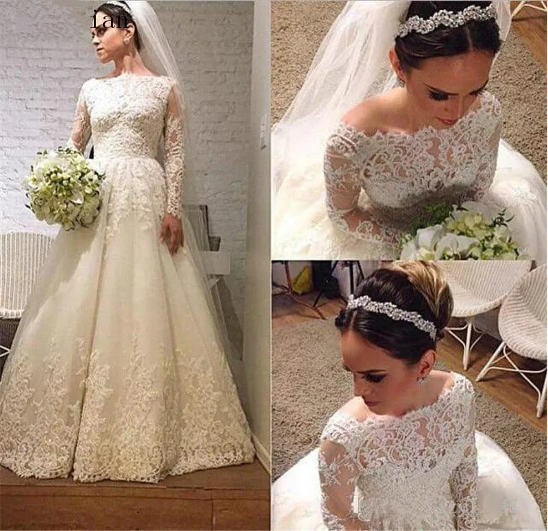 

Long Sleeves Vestido De Noiva Muslim Wedding Dresses A-line Boat Neck Lace Beaded Boho Dubai Arabic Wedding Gown Bridal