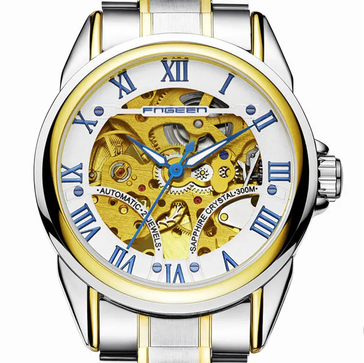 Топ Tourbillon автоматические часы мужские лучший бренд Роскошные мужские наручные часы Скелет Стальные наручные часы синий указатель механические часы - Цвет: two tone white blue