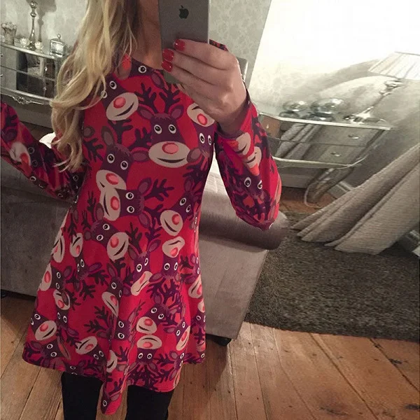 Red Deer 5XL, платье с рождественской елкой, Сантой, снеговиком, женские осенние Мини платья с длинным рукавом, повседневные, новогодние, праздничные, семейные, вечерние платья, Vestido - Цвет: Red Deer