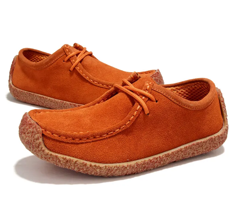 Lace up Orange WeiDeng/повседневные женские лоферы из натуральной кожи ярких цветов на плоской подошве с мехом; мягкие теплые тапки для дома помещений; нескользящая обувь на шнуровке - Цвет: Lace up Orange
