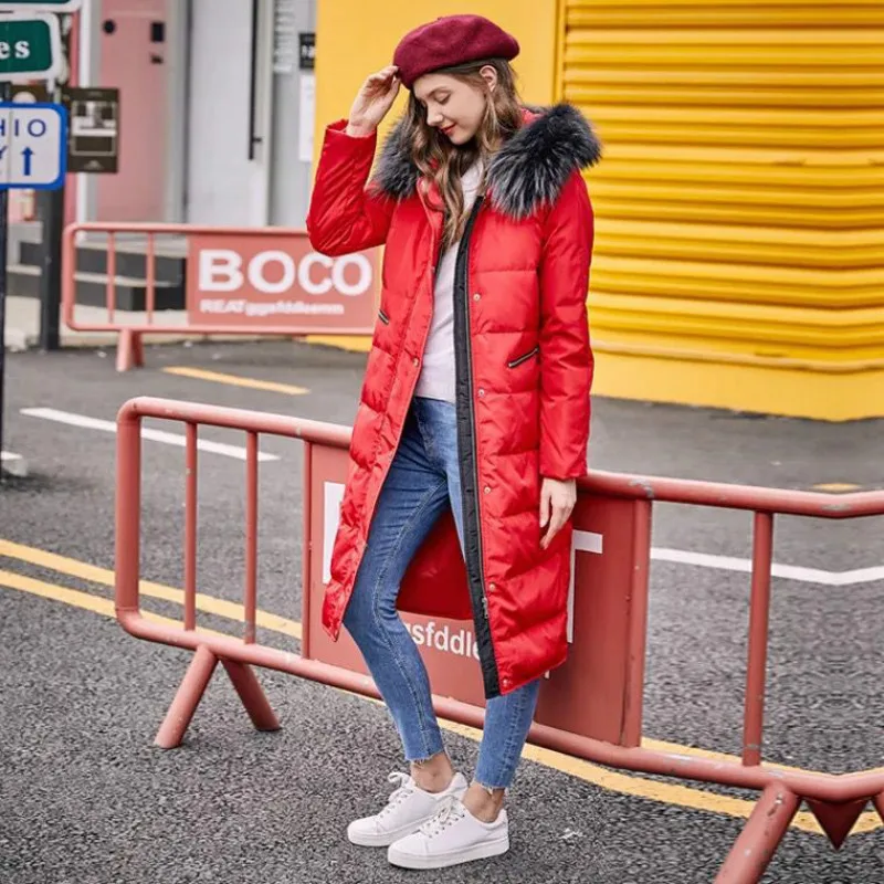 

New Women's Duck Down Jacket Long 2018 Winter Big Raccoon Fur Hooded Parka Outerwear Snow Coats High Quality Slim Thick Clothes