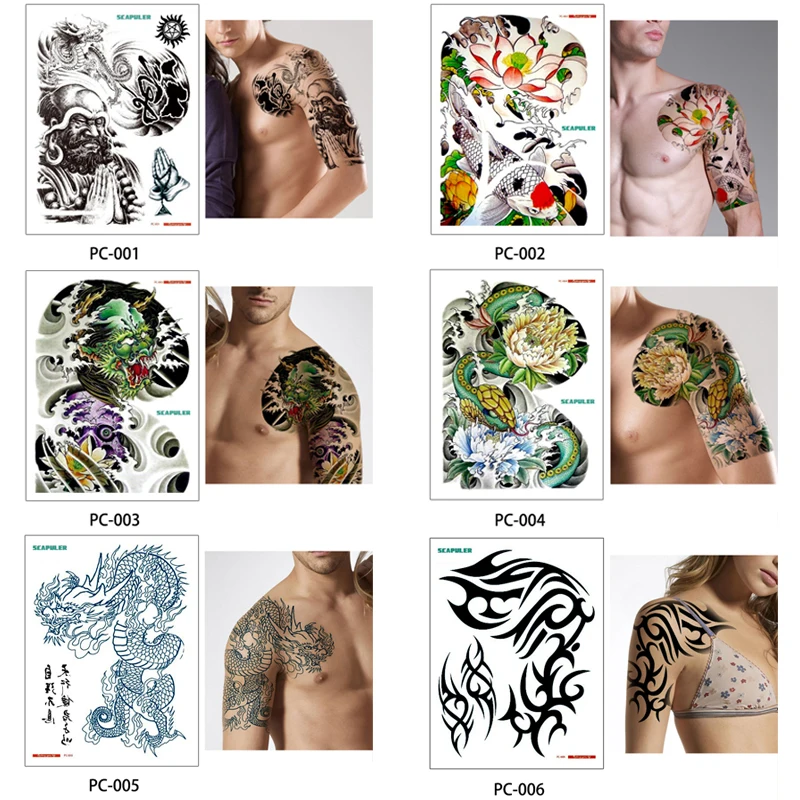 Glaryyears 17 видов конструкций, 1 лист, 32*24 см, Большая татуировка на плечо, половинная рука, скапулер, наклейка, дракон, лотос, временная татуировка для боди-арта