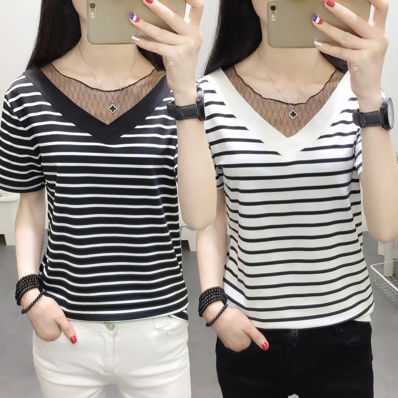 Women Clothing Summer Korean Women's Top Loose Lace Asymmetric Solid Color Slim Short Sleeve T-Shirt Shirt | Женская одежда