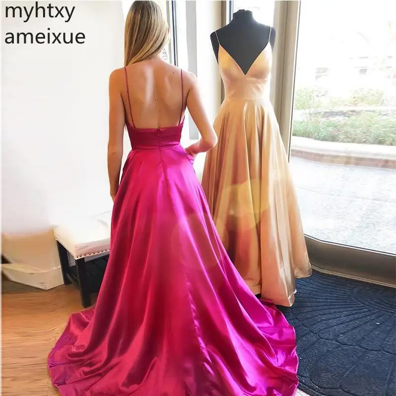 2020 New Spaghetti Straps Fuchsia Gold Prom Dresses V-neck Simple Formal Party Sweep Train Long Special Occasion Dress Elegant