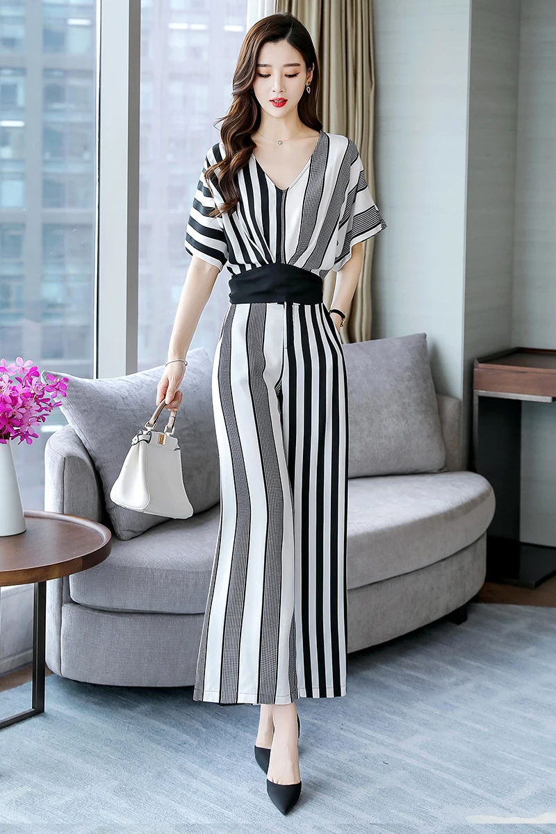 

Summer 2019 Lady's Fashion Striped Blouse Set Elegant Female Two Piece Suits Wide Leg Pants