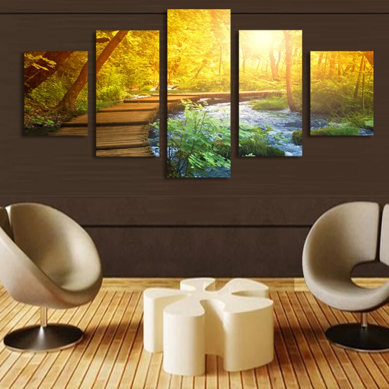 2017 Настоящая Горячая Распродажа Неоправленная 5 Частей Современного Холста Картины Декоративного Пейзажа Леса Заката Для Домашнего Декора.