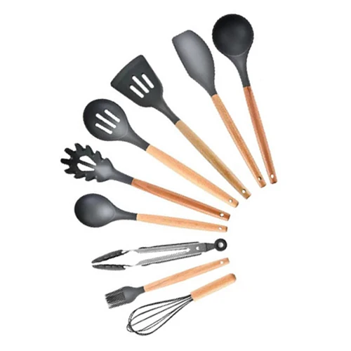 Black 9pcs-A 9/12/13 шт. кухонная утварь набор дерева+ силиконовая кухонная посуда набор посуды для хранения коробка Turner Щипцы Ложка с деревянной ручкой Кухня Силиконовые Шпатель скребок венчик для взбивания - Цвет: Black 9pcs-A