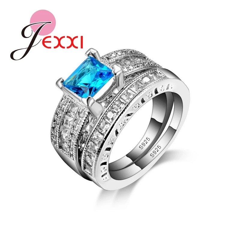 

2 PCS Luxury Ring Sets Women/Girls Wedding Blue Square Cut Engagement Finger Accessories 925 Sterling Silver Needle Fashion Ring