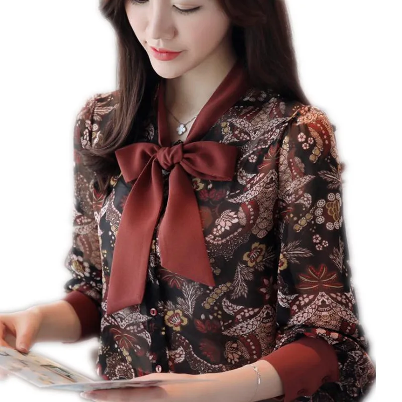 

2019 New Fashion Print Women Chiffon Blouses Bow Long Sleeve Office Lady Blouse Spring Autumn Loose Pullovers Elegant BlouseQ064