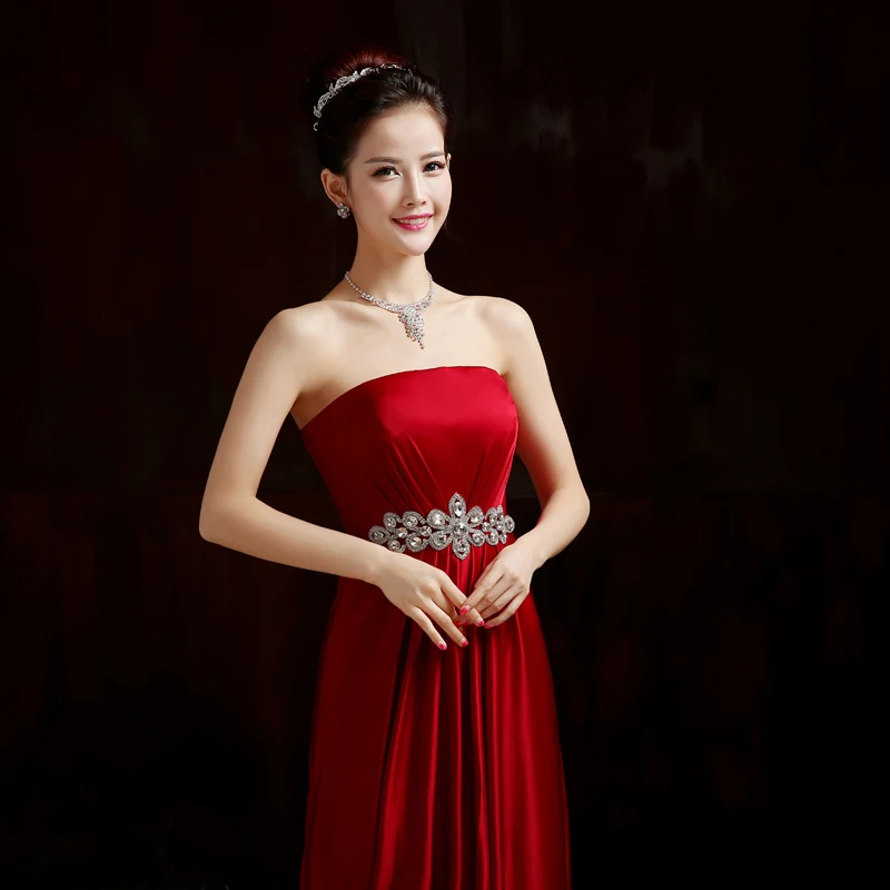 2015 Elegant And Simple Sleeveless Strapless Bridesmaid Dresses Long Red With Rhinestone Plus Size | Свадьбы и торжества
