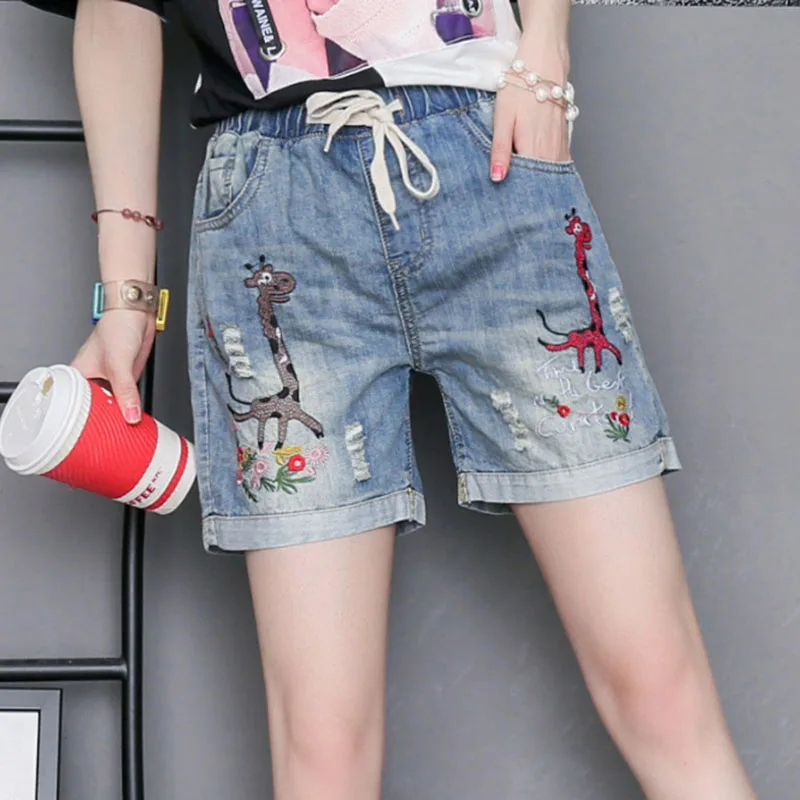 Женские джинсовые шорты с эластичной талией летние уличные вышивкой жирафа