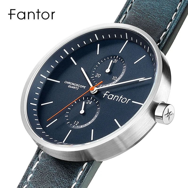 Fantor мужские синие кожаные роскошные часы с хронографом тонкие Повседневные