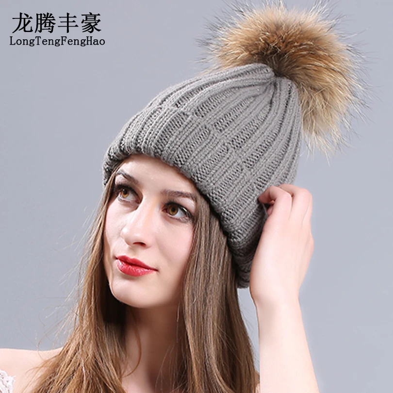 

Knitted Wool Beanie With Raccoon Plush Ball Russian Female Hat With Natural Fur Winter Thick Knitted Hat Free Shipping