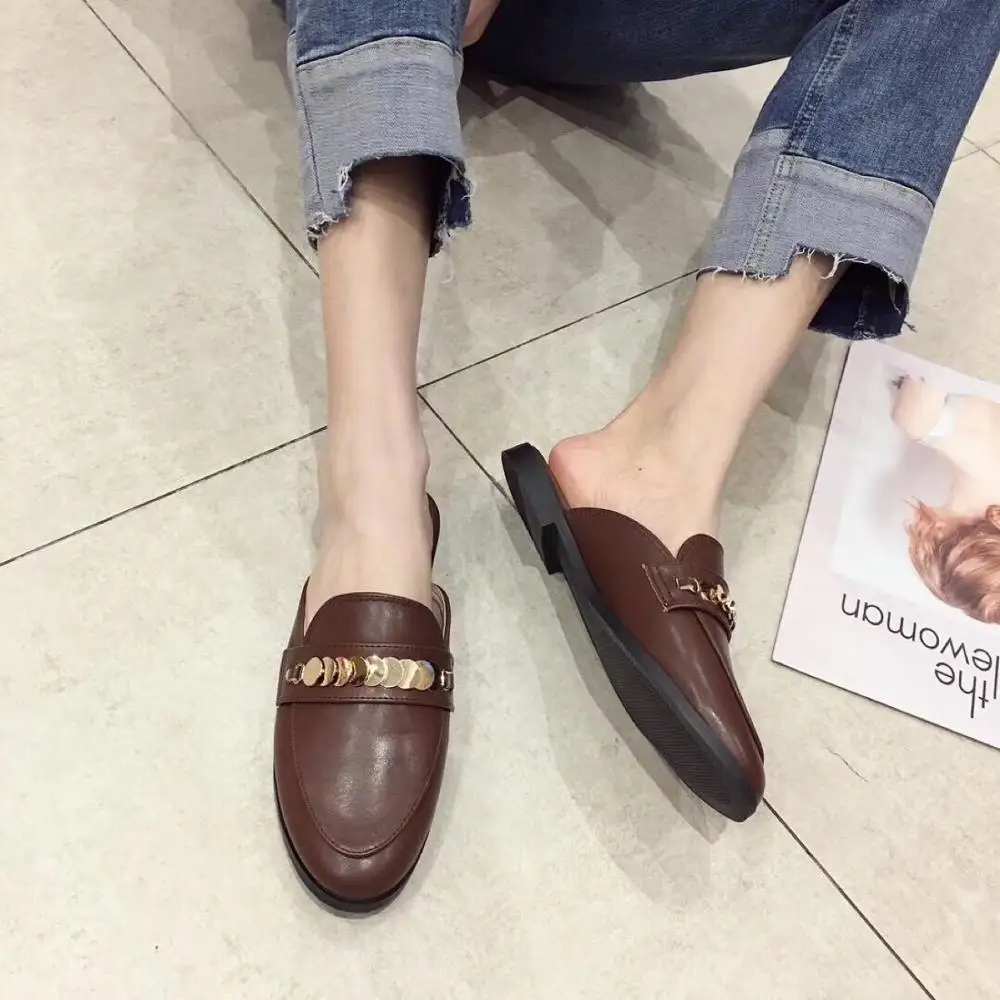 Туфли без задника женские шлепанцы с металлическими цепочками и блестками