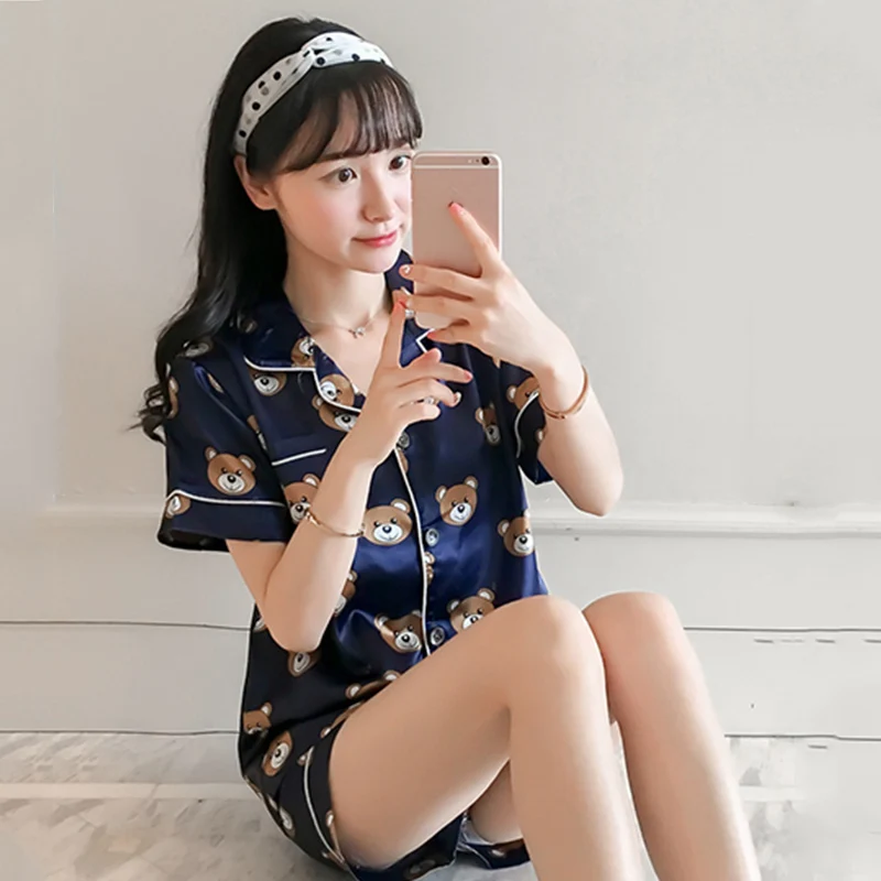 2020 Autumn Women Satin 2 Pieces Pajama Sets Shirts Shorts Pyjama Suits Female Sweet Cartoon Print Button Up Homewear Nightwears | Женская
