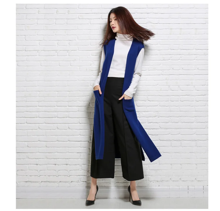 Женский длинный кардиган без рукавов весенне осенний с разрезом шаль до колена