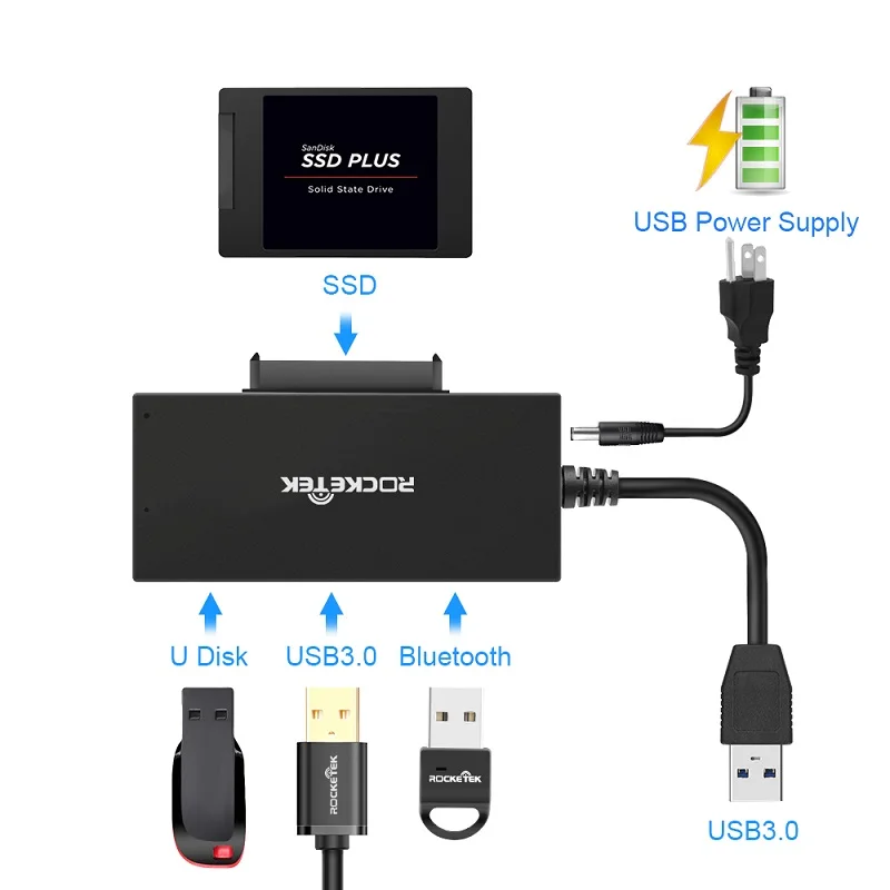 Rocketek USB 3 0 концентратор порт 2 5 SATA адаптер разветвитель питания жесткий диск SSD HDD к
