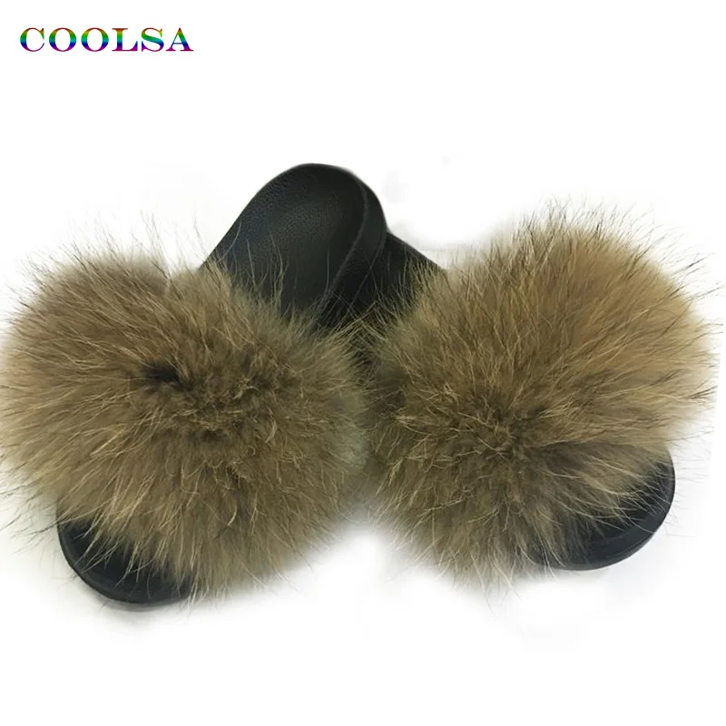 Coolsa/летние женские шлепанцы из лисьего меха; шлепанцы без задника с натуральным мехом; женские домашние Вьетнамки; повседневные сандалии с мехом; модная пушистая плюшевая обувь