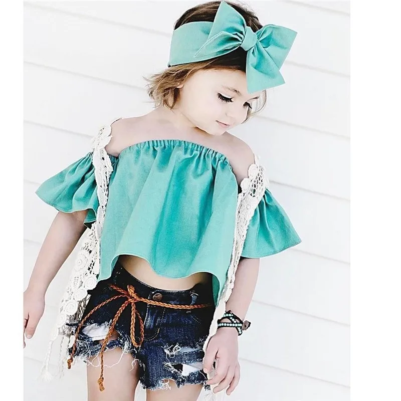 Тенденции моды одежда для малышей Обувь для девочек Дети Off Shoulder Ruffle блузка заставку летние Обувь для девочек Повседневное женский пляжный костюм костюмы одежда