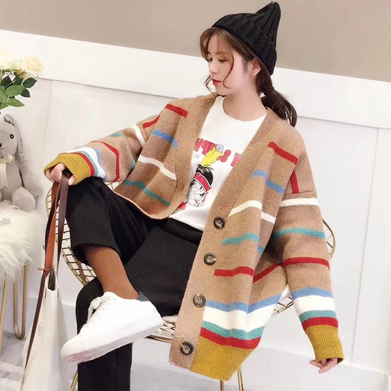 TIGENA 2019 Autumn Winter Oversize Striped Cardigan Women Knitted Sweater Jacket Single Breasted Long Sleeve Female |