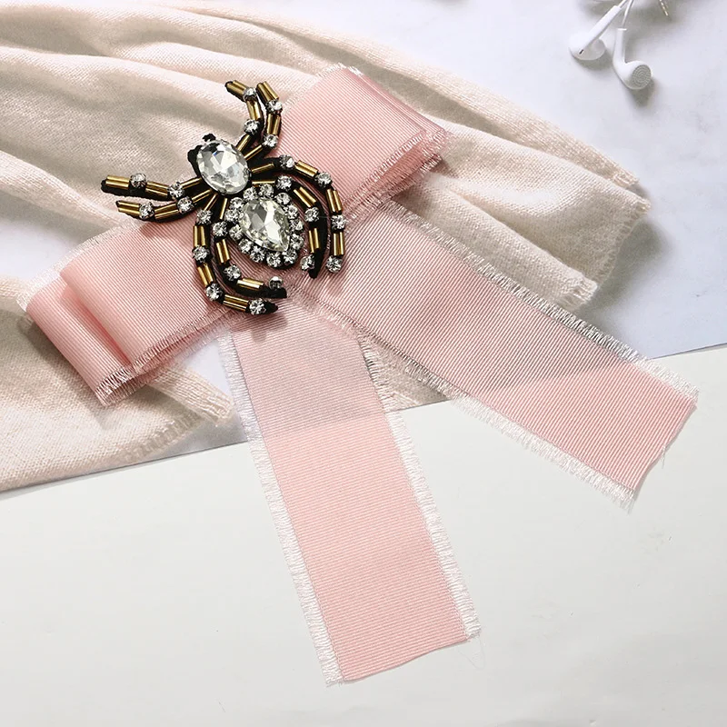 Bohemian Fabric Bowknot Brooches For Women Bow Neck Tie Inlay Rhinestone Spider Brooch Wedding Party Clothing Accessories Broche | Украшения