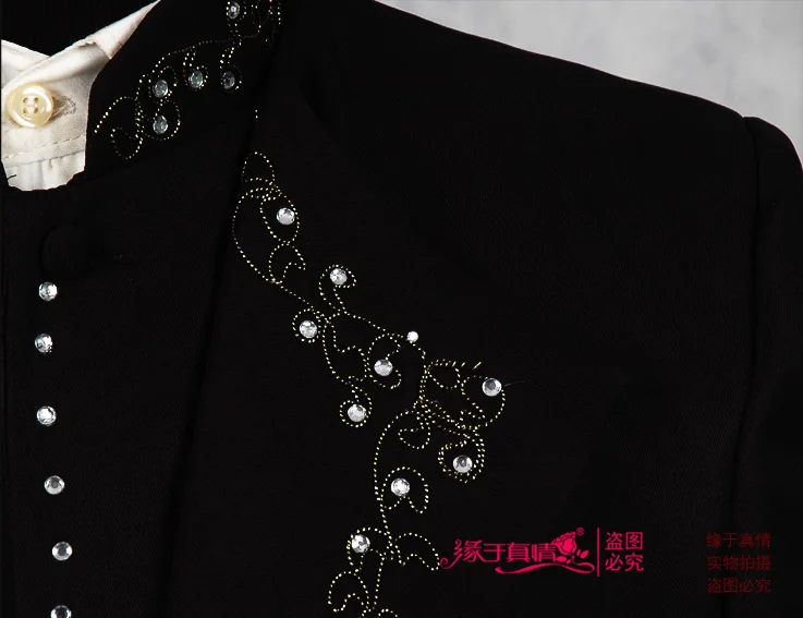 

Freeship 100%real mens black rhinestone beading mandarin collar /event/studio/sing/stage performance/jacket with pants/