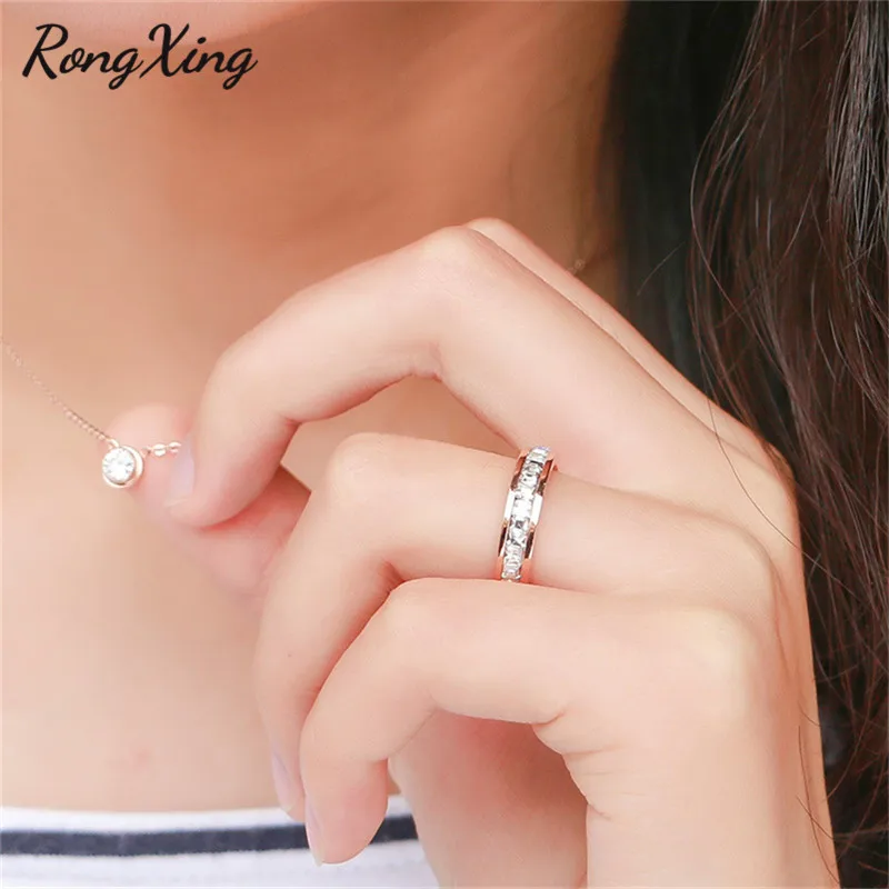 RongXing серебряные/Золотые/розовые золотые титановые стальные однорядные CZ кольца