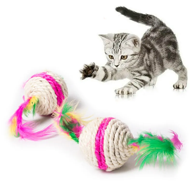 random Красочная игрушка для кошек, шар, интерактивные игрушки для кошек, игра, Жевательная погремушка, царапина, сизаль и перья, мяч, принадлежности для тренировки животных - Цвет: random