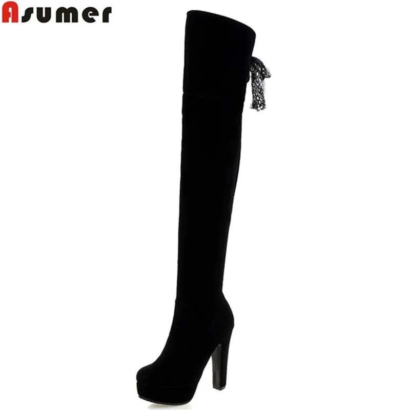 

ASUMER big size 33-43 new arrive women boots fashion black red flock over the knee boots zipper lace up platform elegant