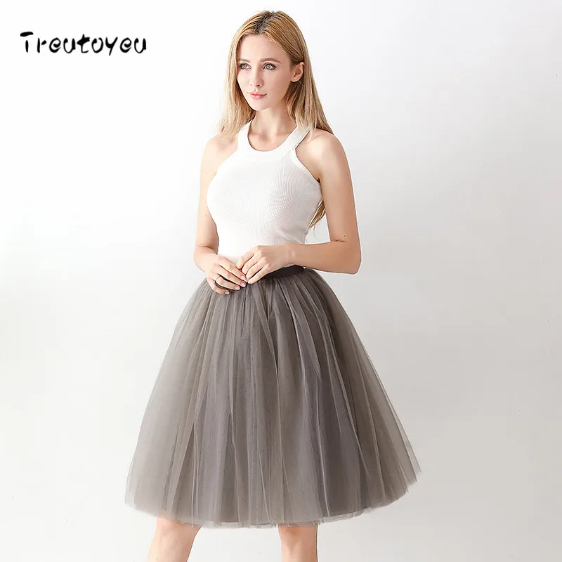 Deep Grey 6 слоев миди Тюлевая юбка высокая талия пачка цвета шампань юбки женские Лолита юбка эластичный пояс Лето faldas saia jupe - Цвет: Deep Grey