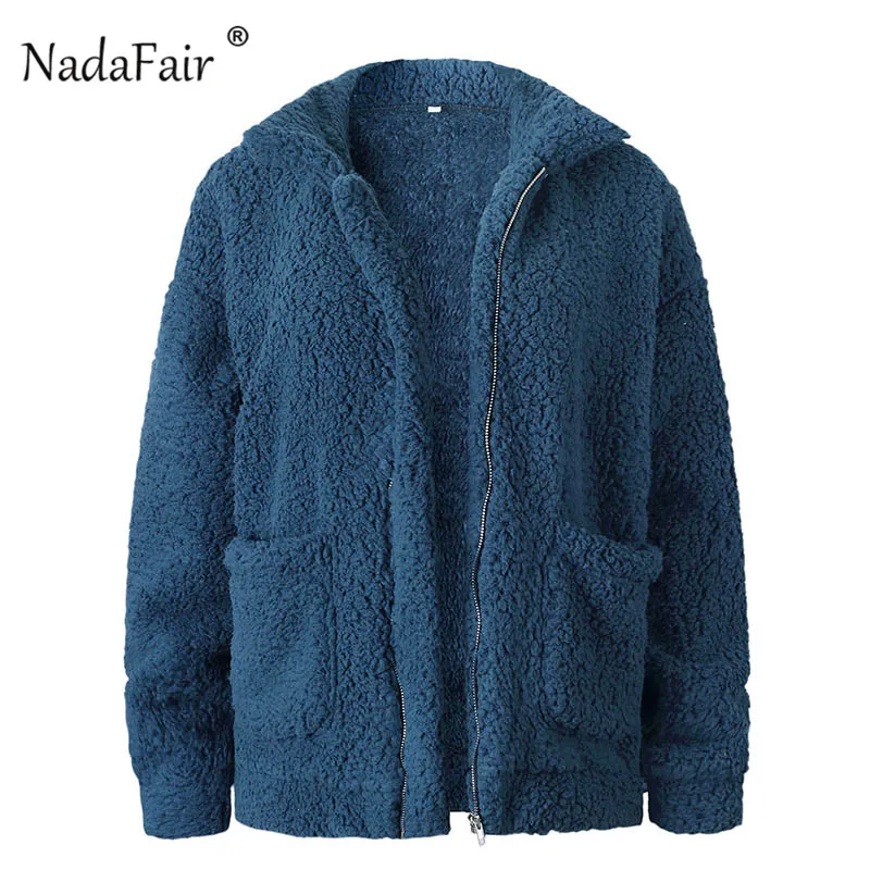 Королевский синий Nadafair толстый размера плюс зимняя флисовая куртка из искусственного меха пальто для женщин осеннее Теплое повседневное плюшевое пальто Верхняя одежда мягкое плюшевое пальто - Цвет: Королевский синий