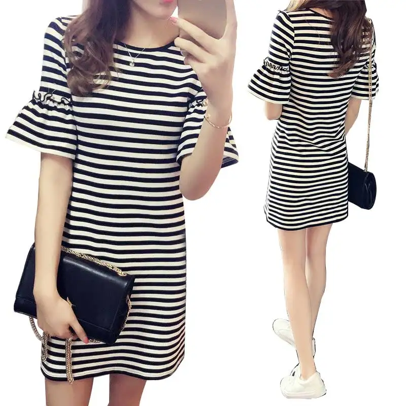 Новое Женское повседневное базовое летнее платье в полоску с коротким