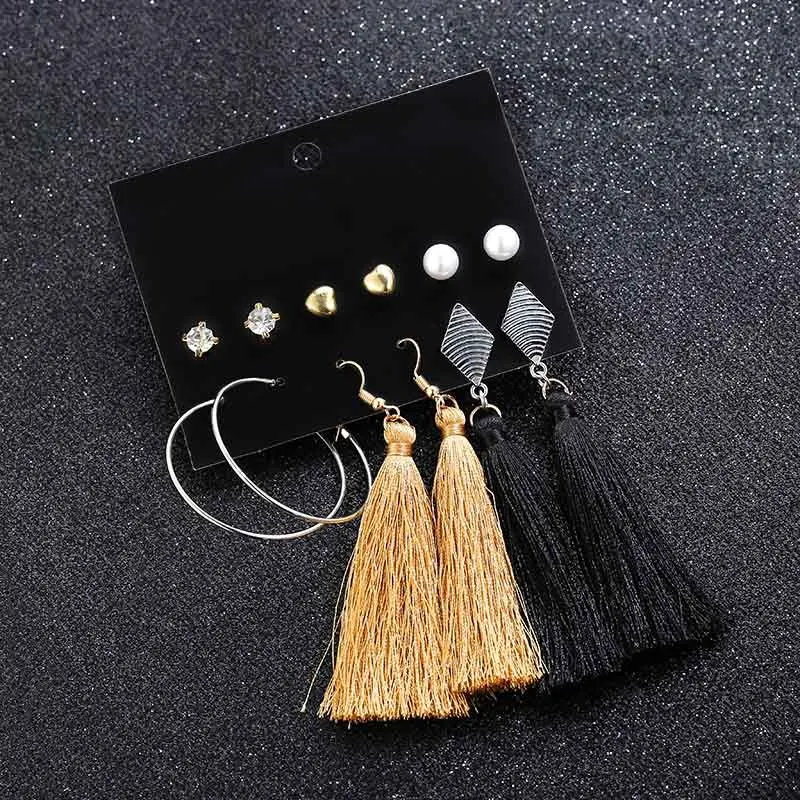

2019 New Bohemia 19 Design Long Tassel Stud Earrings Set For Women Girl Flower Heart Pearl Stud Earring Crystal Female Jewelry