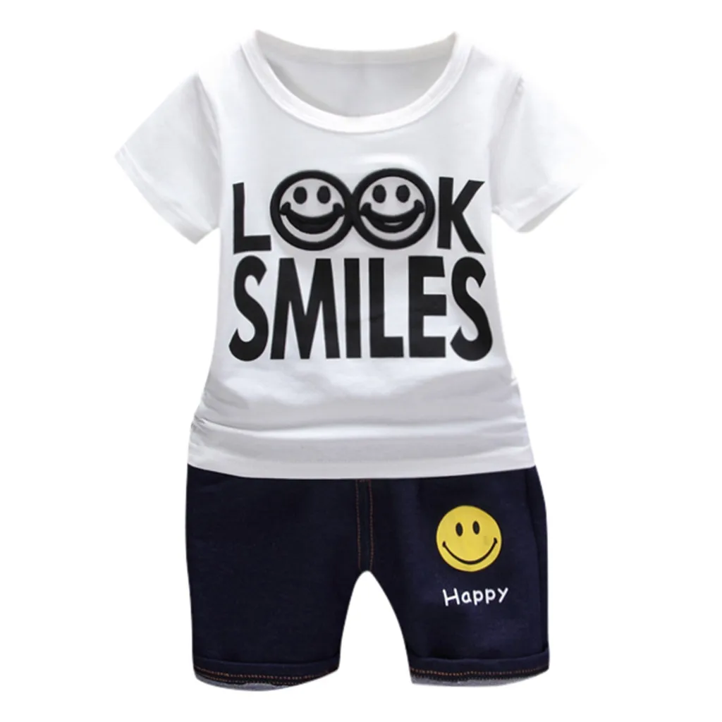 Комплекты одежды для мальчиков детская одежда vetement enfant fille/Детская Однотонная футболка с надписью для маленьких девочек джинсовые шорты с принтом комплект из 2 предметов