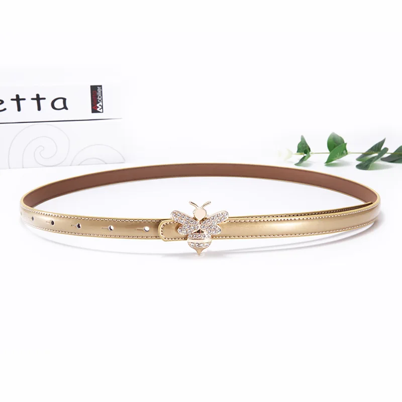 gold buckle gold Брендовые дизайнерские тонкие ремни из натуральной кожи для женщин модные стразы пряжка в виде пчелы платье ремень женский Высокое качество Роскошный ремень - Цвет: gold buckle gold