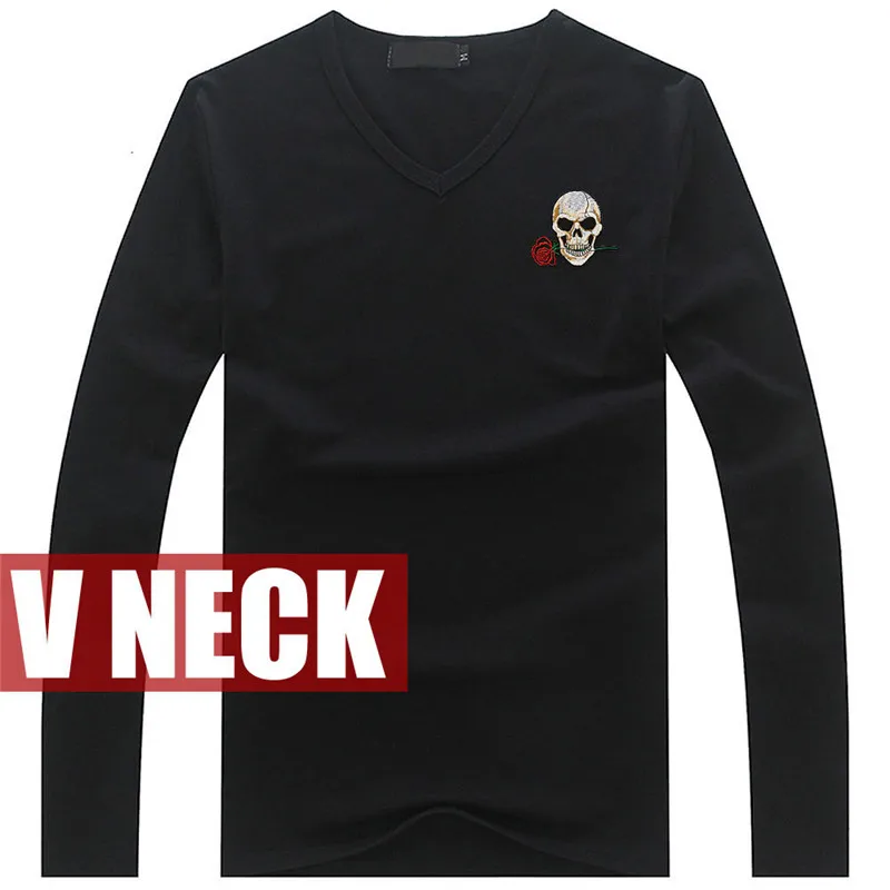 QZXZSM Fashion Autumn New Rose Skull Embroidery Cotton T-shirts Men's Long Sleeve V-neck Casual T-shirt Мужская одежда