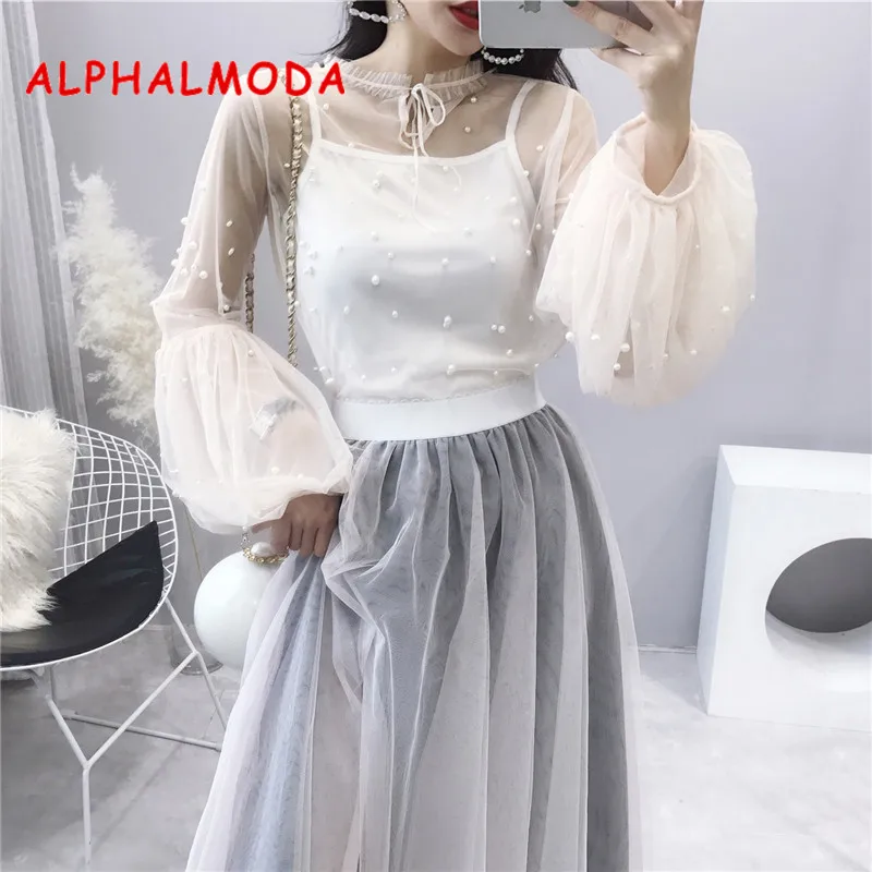 ALPHALMODA Blusas Mujer De Moda 2018 с бусинами рукавом фонариком Женская сексуальные вершины и