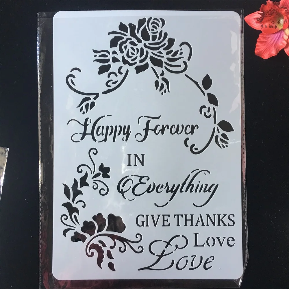 

A4 29cm Happy Forever Words Flower DIY Craft Layering Stencils Painting Scrapbooking Stamping Embossing Album Card Template